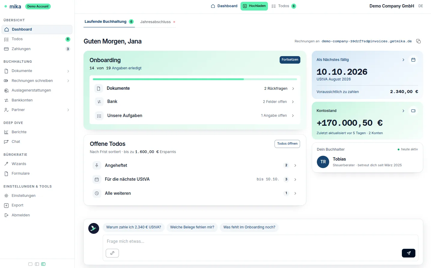 mika-Dashboard mit Onboarding-Fortschritt, offenen Todos, UStVA-Termin und Kontostand