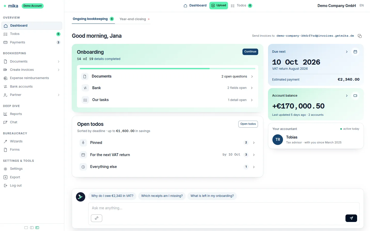 The mika dashboard with onboarding progress, open to-dos, the VAT deadline and the account balance