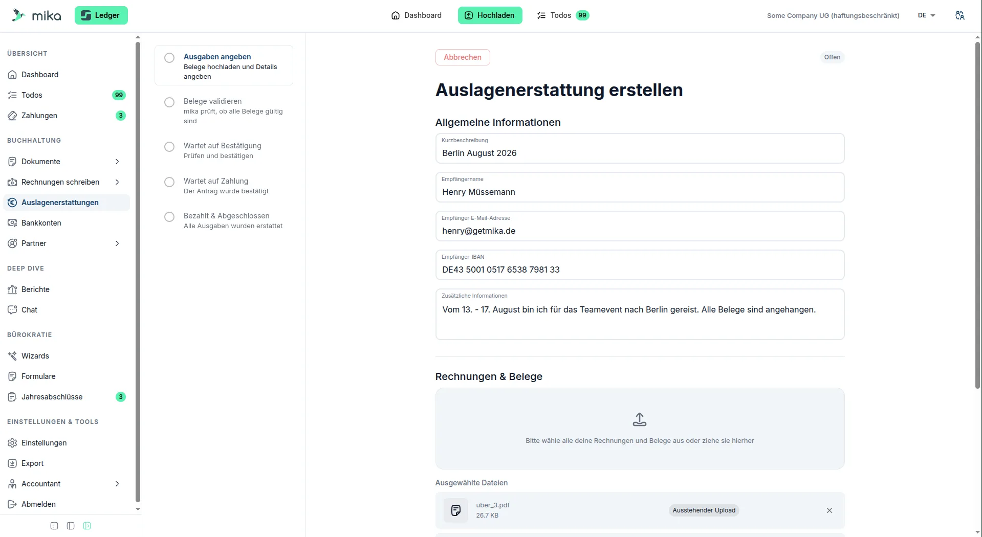 Formular für eine Auslagenerstattung in mika