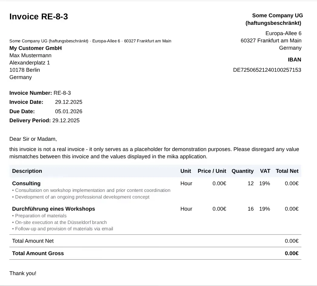 An e-invoice created with mika